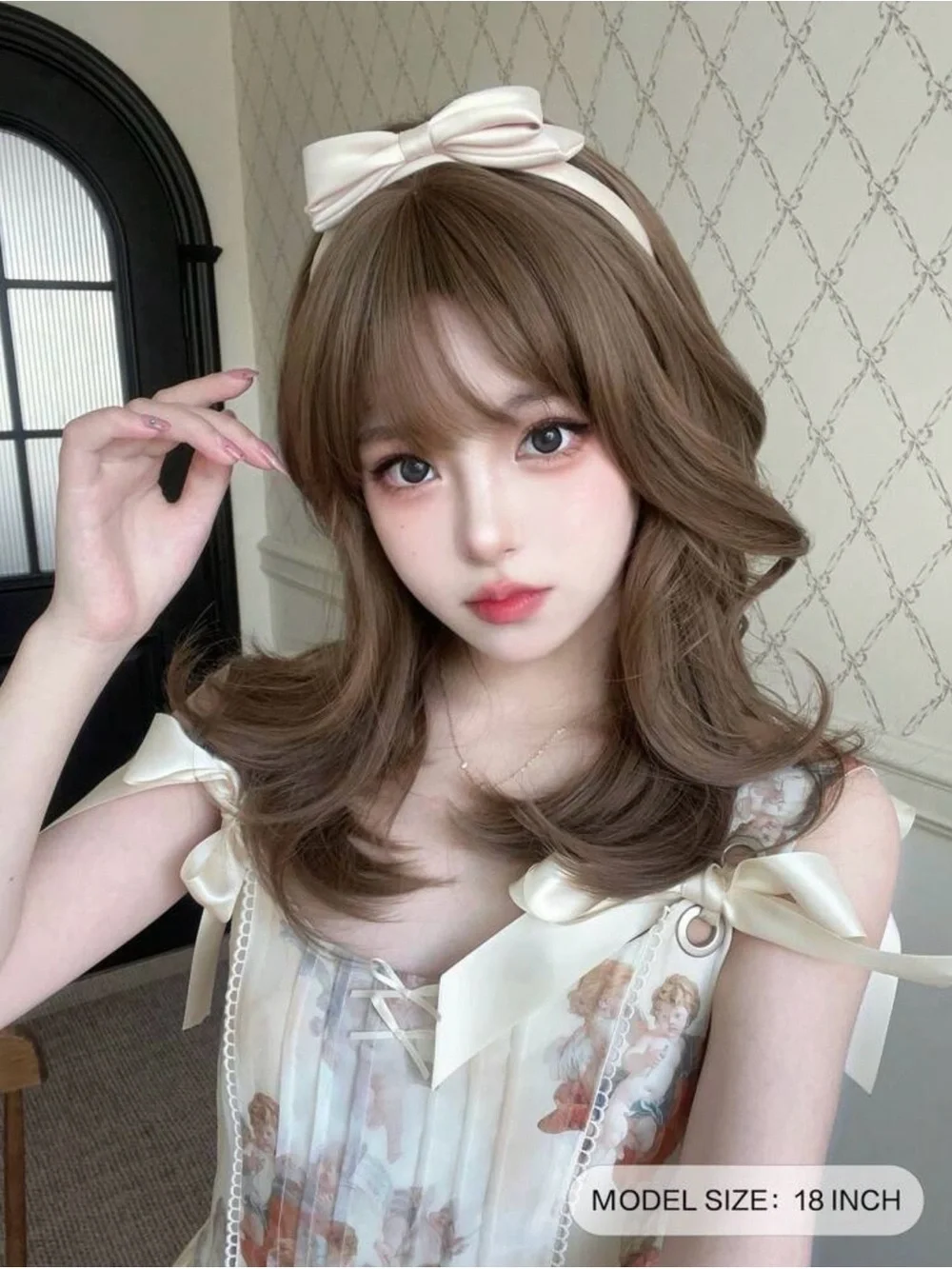 Heat Resistant Wavy Wig In Brown With Bangs 18”